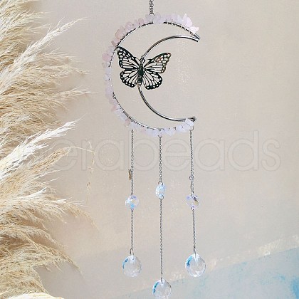 Natural Rose Quartz Chip Wrapped Moon with Butterfly Hanging Ornaments PW-WG67734-02-1