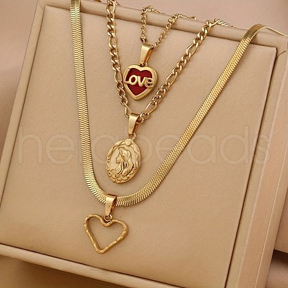 304 Stainless Steel & FireBrick Acrylic Love Heart Pendant 3 Layer Necklaces for Women FS-WG3B4D3-09-1