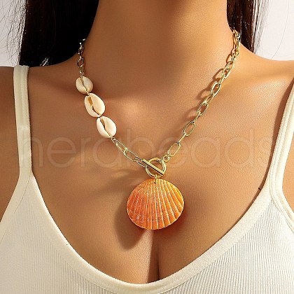 Summer Beach Natural Shell Pendant Glass Seed Beaded Necklaces for Women FS-WGEF253-06-1