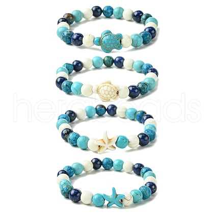 Summer Beach Turtle/Starfish Dyed Synthetic Turquoise Bracelets BJEW-JB10896-1