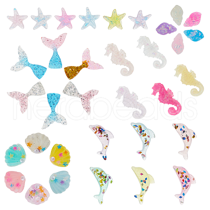 SUPERFINDINGS 35Pcs 35 Styles Translucent Resin Sea Animal Decoden Cabochons RESI-FH0001-63-1