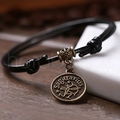 Alloy Flat Round with Constellation Charms Double Layer Black Imitation Leather Cord Adjustable Anklets WGE0879-08-1