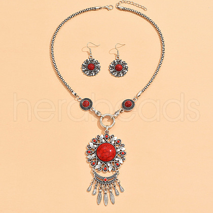 Flower Bohemian Ethnic Style Zinc Alloy & Resin Pendant Necklace & Dangle Earring Sets FS-WGD47C5-02-1
