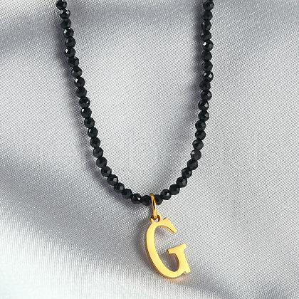 304 Stainless Steel Initial Pendant Black Glass Faceted Round Beaded Pendant Necklaces for Women FS-WGC61DE-07-1