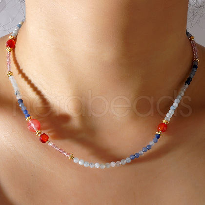 Faceted Round Natural Aquamarine & Natural Carnelian Beaded Necklaces for Women NB0478-1