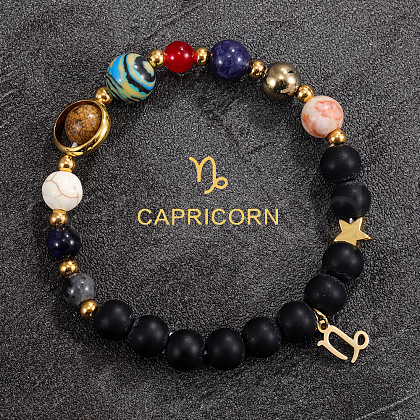 12 Zodiac Sign Natural Black Obsidian Round Beads & Synthetic Mixed Gemstone Beads Charm Bracelets for Men Women WG666A9-04-1