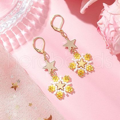 Brass Glass Seed Beads Flower Leverback Earrings EJEW-MZ00426-02-1