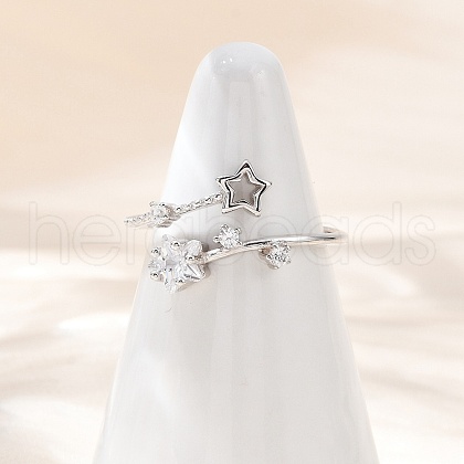 Star Sterling Silver Cubic Zirconia Adjustable Open Cuff Rings for Women RJEW-B128-04-1
