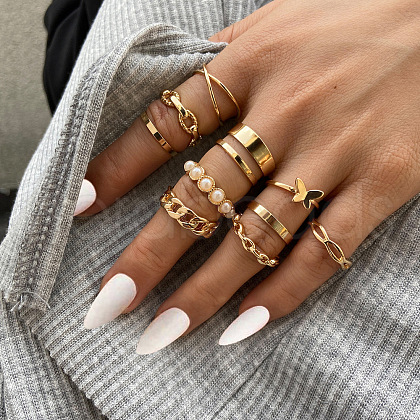 11Pcs Alloy Oval Chain Finger Rings WG2E3D2-07-1