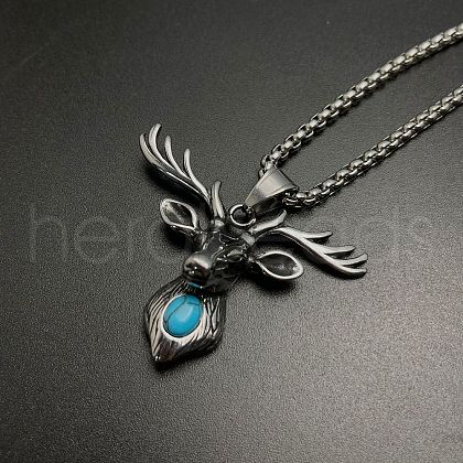 Deer Head Stainless Steel Pave Synthetic Turquoise Pendant Necklaces for Street Fashion CM8612-1