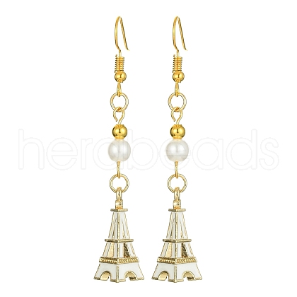 Alloy Enamel Eiffel Tower Dangle Earrings with Imitation Pearl Beaded EJEW-JE05422-03-1