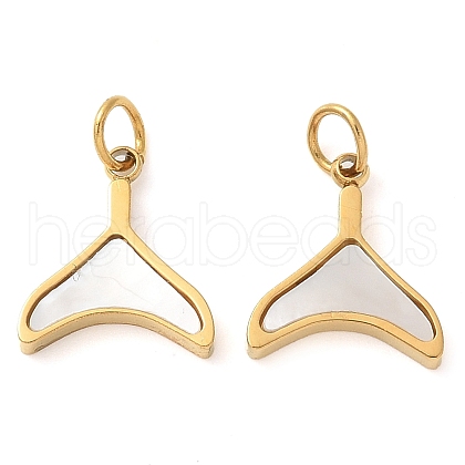 304 Stainless Steel Pave Natural White Shell Whale Tail Charms STAS-Q345-18G-1