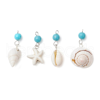 4Pcs 4 Styles Round Dyed Synthetic Turquoise & Natural Mixed Shell Pendants PALLOY-JF03813-1