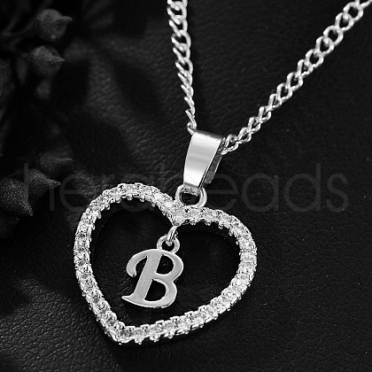 Brass Micro Pave Clear Cubic Zirconia Hollow Heart with Initial Pendant Necklaces WG4069A-07-1
