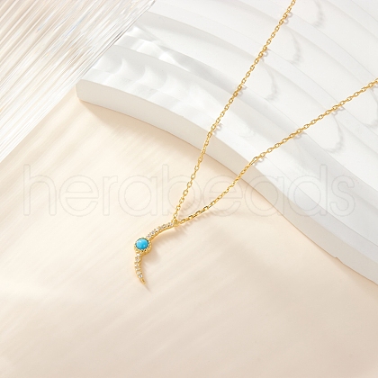 925 Sterling Silver Pave Synthetic Turquoise Moon Pendant Cable Chain Necklaces AL5793-2-1
