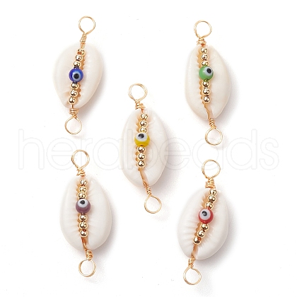 Natural Cowrie Shell & Handmade Evil Eye Lampwork Connetctor Charms PALLOY-JF02664-01-1