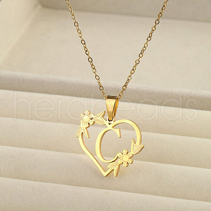 201 Stainless Steel Flower Heart Initial Pendant Necklaces for Women FS-WG08285-22-1