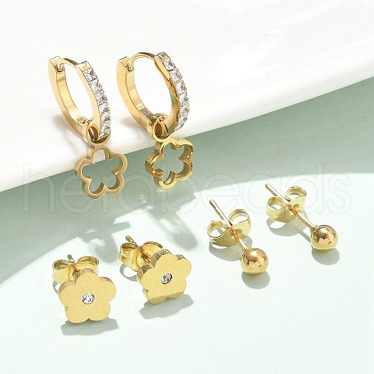 304 Stainless Steel Rhinestone Flower & Round Earring Sets EJEW-Z098-12G-1