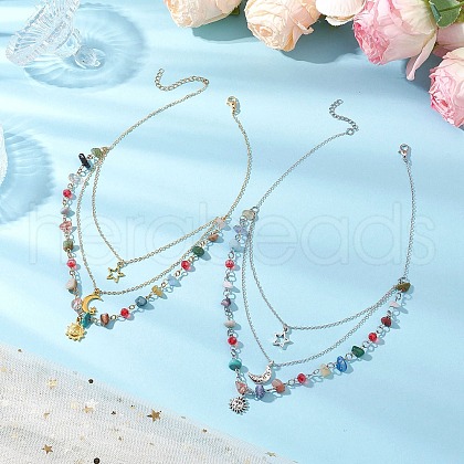 2Pcs 2 Colors Mixed Gemstone Chip & Electroplate Glass 3 Layered Necklaces NJEW-JN05226-1