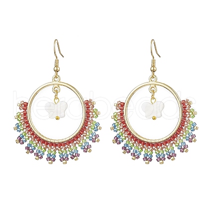 Butterfly & Ring Freshwater Shell & Glass Seed Beads Dangle Earrings EJEW-MZ00163-1