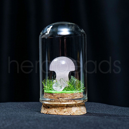 Glass Dome Cover with Natural Rose Quartz Mushroom Inside BOHO-PW0001-085D-1