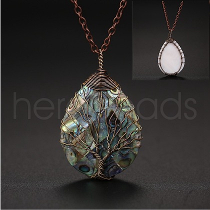 Natural Paua Shell Copper Wire Wrapped Tree of Life Teardrop Pendant Necklaces FS-WG9357B-02-1