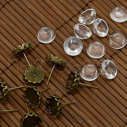9.5~10x5~6mm Dome Transparent Glass Cabochons and Antique Bronze Brass Ear Stud Findings for DIY Picture Stud Earrings DIY-X0178-AB-1