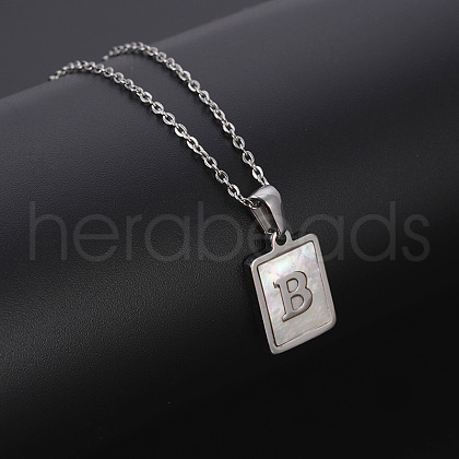 Rectangle Stainless Steel Pave Natural White Shell Pendant Necklaces FS-WG3D812-02-1
