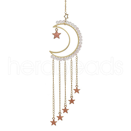 Natural Rose Quartz & Brass Moon Pendant Decorations HJEW-JM01198-01-1