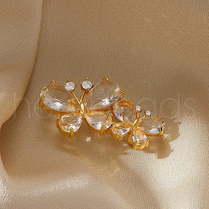 Butterfly Brass Pave Clear Cubic Zirconia Brooches for Backpack Clothes JEWB-Z037-01G-1