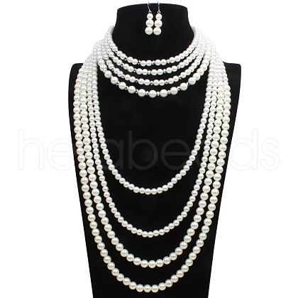 Plastic Pearl Round Beaded Multilayer Necklaces & Dangle Earrings Sets FS-WG7C7AA-04-1