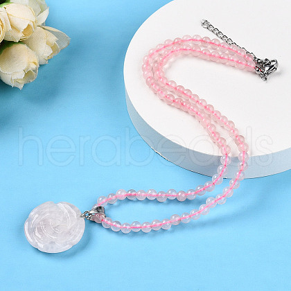 Natural Rose Quartz 4.5mm Round Beaded Flower Pendant Necklaces NJEW-T016-04O-1