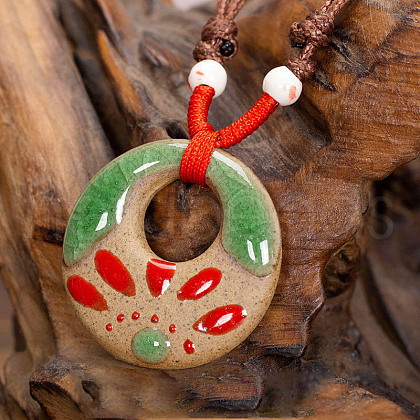 Retro Ethnic Porcelain Pendant Adjustable Polyester Cord Necklaces for Women FS-WGD020A-09-1