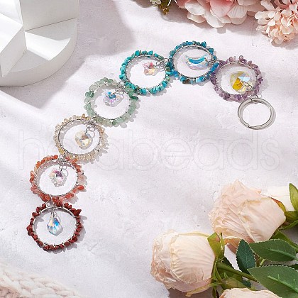 Wire Wrapped Chakra Natural Gemstone Chips Ring Hanging Ornaments HJEW-JM02620-1
