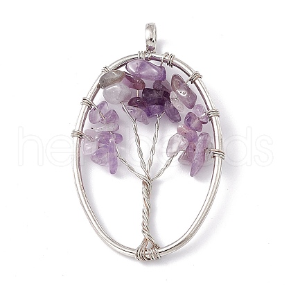 Oval Natural Amethyst Copper Wire Wrapped Chip Big Pendants G-E195-06P-1