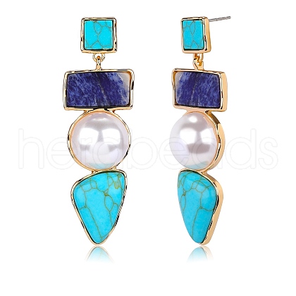 Synthetic Turquoise Rectangle & Triangle Dangle Stud Earrings JE1131A-1