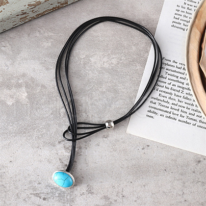 Oval Alloy & Synthetic Turquoise Pendant Imitation Leather Cord Double Layer Lariat Necklaces FS-WG9CD33-02-1