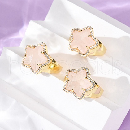 Star Natural Rose Quartz Cubic Zirconia Cuff Rings RJEW-M076-02G-05-1