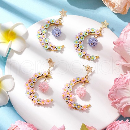 2Pairs Glass Seed Beads Moon Dangle Stud Earrings EJEW-MZ00402-1