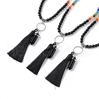 Natural Obsidian Bullet & Tassel Pendant Necklace with Mixed Gemstone Beaded Chains NJEW-E585-02A-1