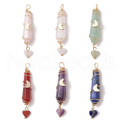 6Pcs 6 Styles Natural Carnelian & Green Aventurine & Rose Quartz & Quartz Crystal & Lapis Lazuli & Amethyst Copper Wire Wrapped Faceted Bullet Heart Pendants PALLOY-JF03482-03-1