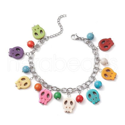 Halloween Dyed Synthetic Turquoise Skull Pendant Brass Cable Chains Bracelets BJEW-TA00471-1