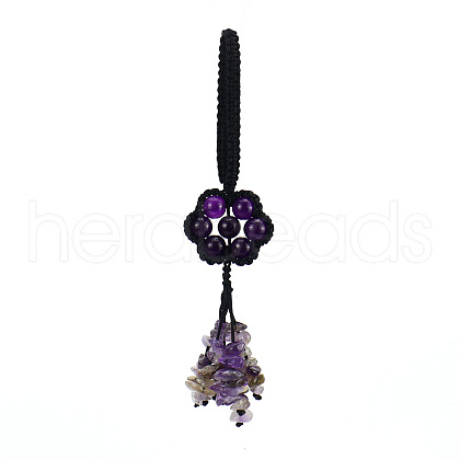 Flower Natural Amethyst Braided Thread Pendant Decorations HJEW-K046-04E-1