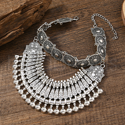 Ethnic Style Zinc Alloy Coin Tassel Statement Bib Necklaces for Women FS-WGFF897-02-1