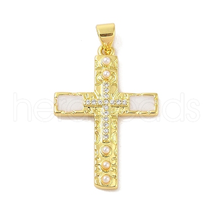 Rack Plating Brass Clear Cubic Zirconia ABS Pearl Enamel Pendants KK-S380-09G-1