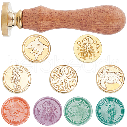 CRASPIRE 5 Styles Ocean Theme Golden Tone Brass Wax Seal Stamp Head AJEW-CP0007-50B-02-1