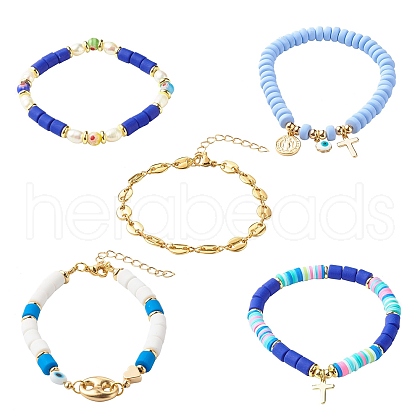 5Pcs 5 Style Handmade Polymer Clay Stretch & Brass Beaded & Alloy Link Chain Bracelets Set BJEW-SZ0001-66D-1