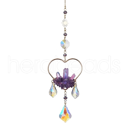Natural Amethyst Wrapped Heart Hanging Ornaments HJEW-JM01614-01-1