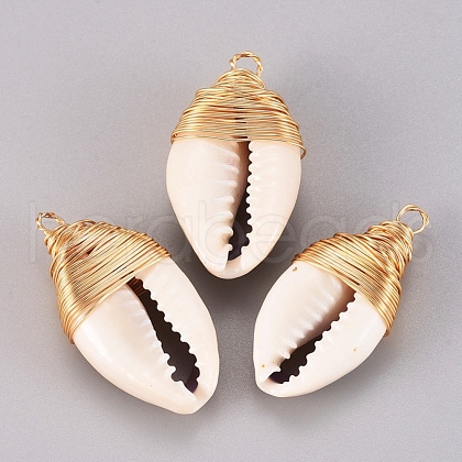 Natural Cowrie Shell Pendants KK-G391-27G-1