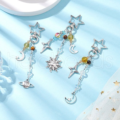 Natural Quartz Crystal Beads with Natural Grade AB Tiger Eye Beads and Glass Beads and Alloy Charms Decorations HJEW-JM03031-1